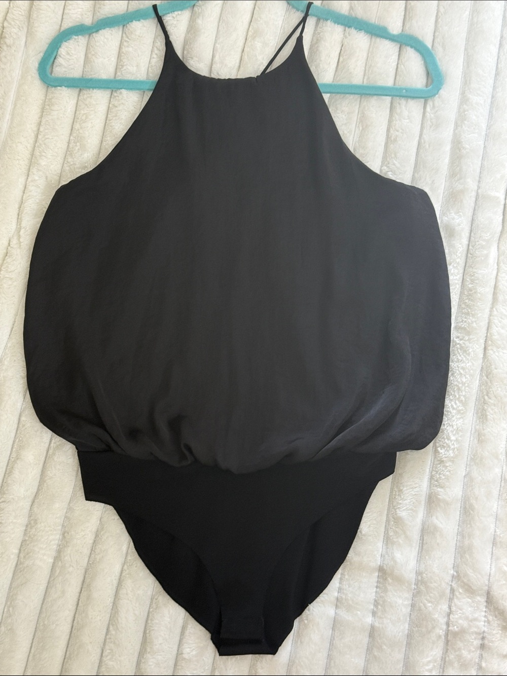 Zara Black Halter Bubble-Front Satiny Bodysuit